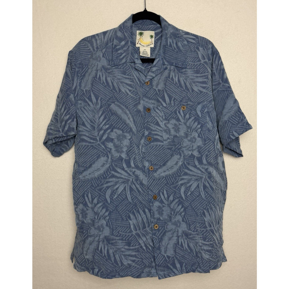Banana Cabana Men's Floral Palm Print Blue Silk Button Up Shirt Size Medium